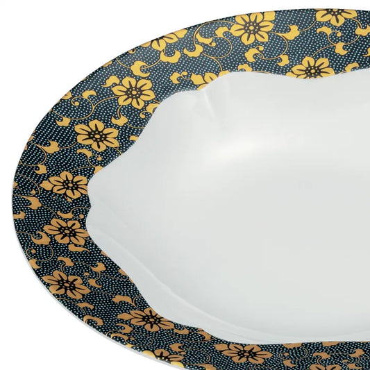 KUTANI WARE PASTA PLATE 24 CM – BLUE GRANULE TESSEN FLORAL DESIGN  JAPANESE CERAMIC PLATE MADE IN JAPAN