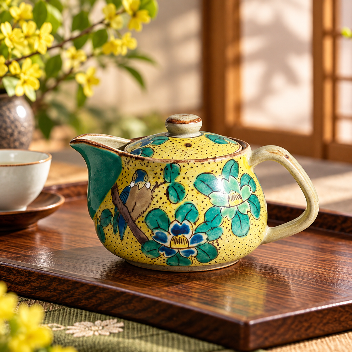 KUTANI WARE TEAPOT CAMELLIA AND BIRD DESIGN (WITH NETTING)