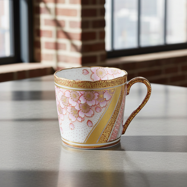 KUTANI PORCELAIN MUG CUP - KINRANDE SAKURA MON MOTIF, JAPANESE CERAMIC ART