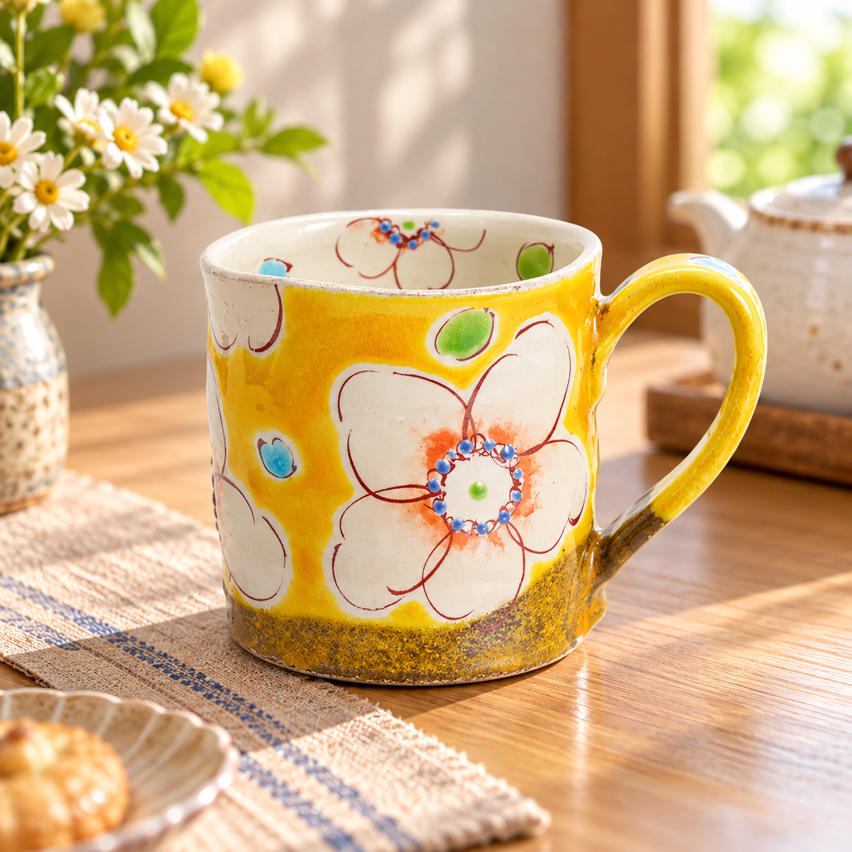 KUTANI WARE MUG CUP YELLOW FLOWER ULALA / KOKUZOU KILN