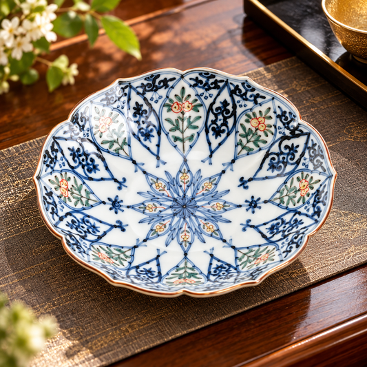 KUTANI WARE SCALLOPED OVAL SERVING BOWL WITH FRUIT AND SARASA DESIGNS / CHOZA YAMAMOTO