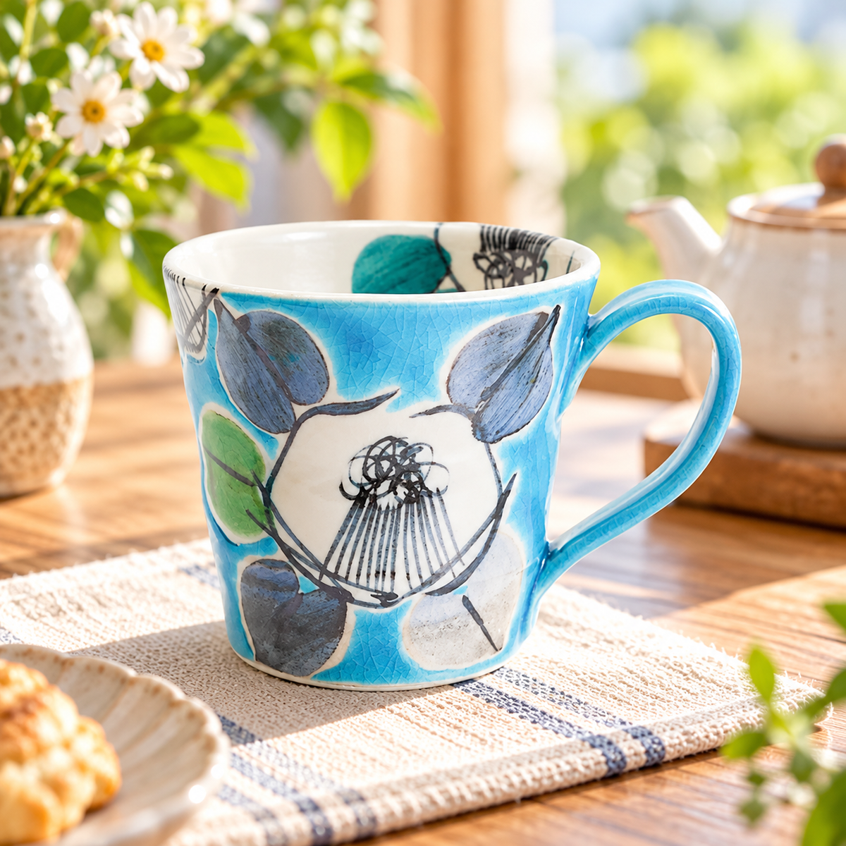 KUTANI WARE MUG CUP KOZOME TUBAKI BLUE / KOKUZOU KILN