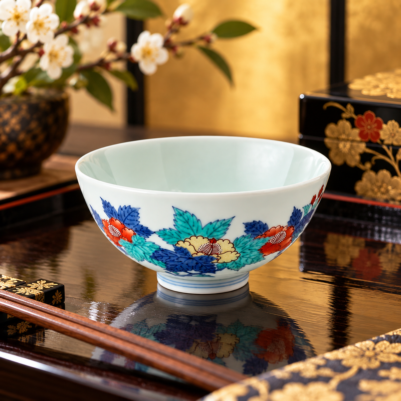 ARITA WARE JAPANESE RICE BOWL “AOI FLORAL DESIGN” / IMAEMON KILN