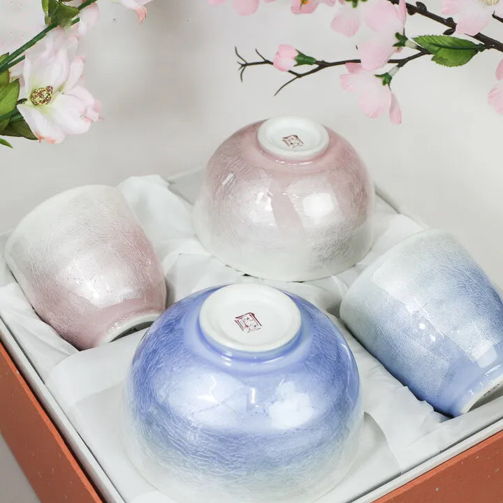 KUTANI WARE MARRIED COUPLE RICE BOWL & TEACUP SET – SILVER GLAZE DESIGN BY SOUSHUYOU KILN