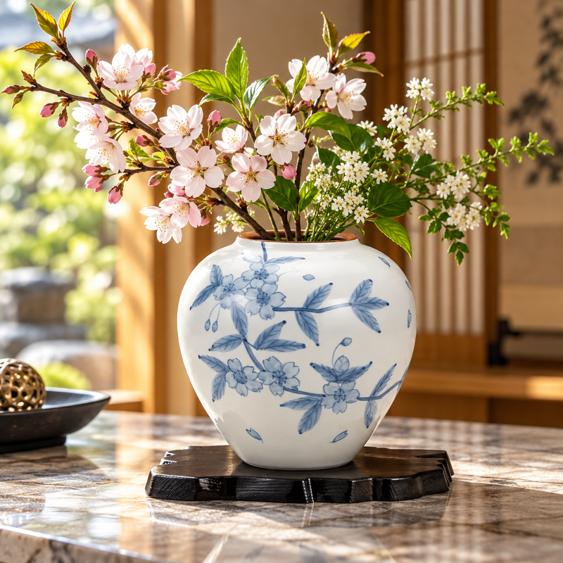 JAPANESE KUTANI WARE FLOWER VASE  SAKURA CHIRASHI WITH STAND