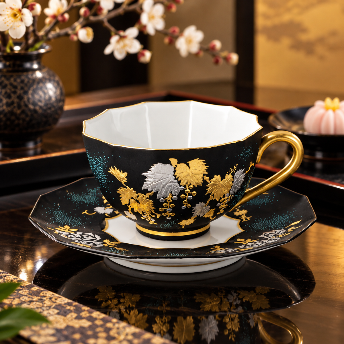 KUTANI WARE DODECAGONAL COFFEE CUP & SAUCER – SHIROGANE MORI GRAPE & ROSE DESIGN WITH AO-CHIBU BLUE DOTS / KINGYOKU NAKADA