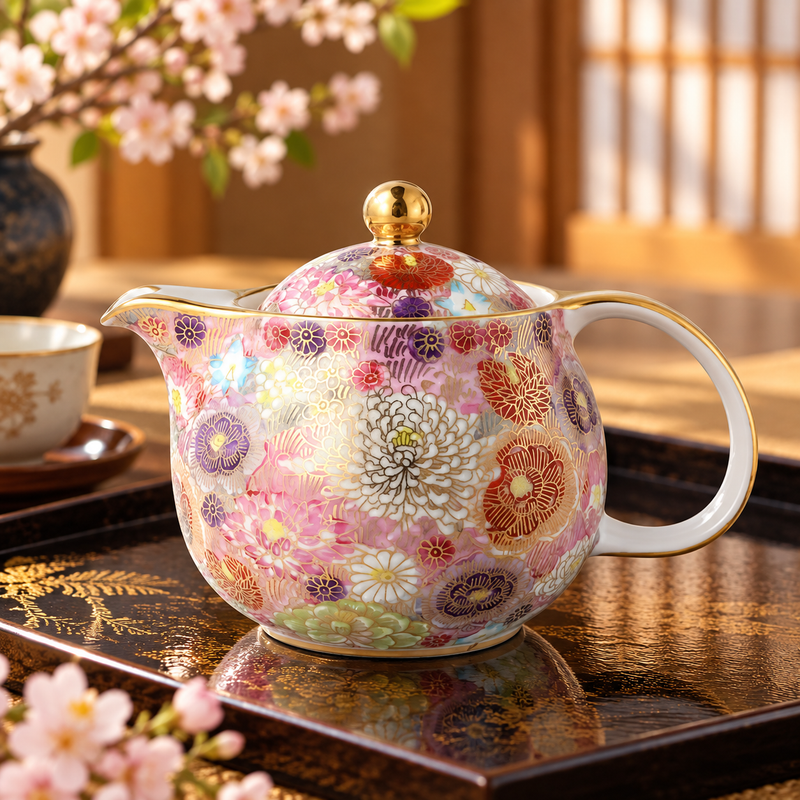 KUTANI JAPANNESE  TEAPOT CHOOSE FROM 5 COLORS – KIN-HANAZUME(WITH STRAINER)
