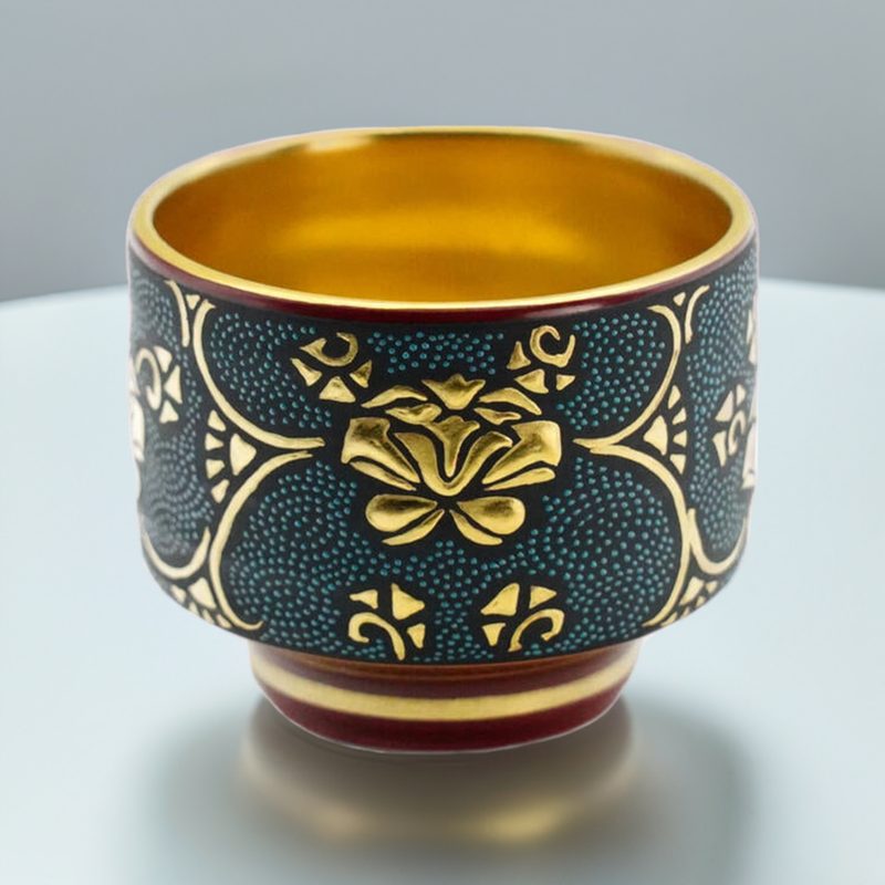 KUTANI WARE SAKE CUP WHIRLPOOL BLUE GRAIN MORIKIN PEONY ARABESQUE /KINGYOKU NAKADA