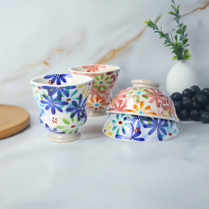 KOKUZOU KLIN/ KUTANI RICE BOWL & TEACUP PAIR 4-PIECE SET HANA NO UTAGE (BLUE & RED)