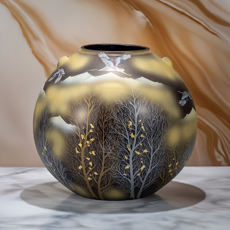 TRADITIONAL KUTANI WARE FLOWER VASE-KINUN CRANE AND TREE MOTIF