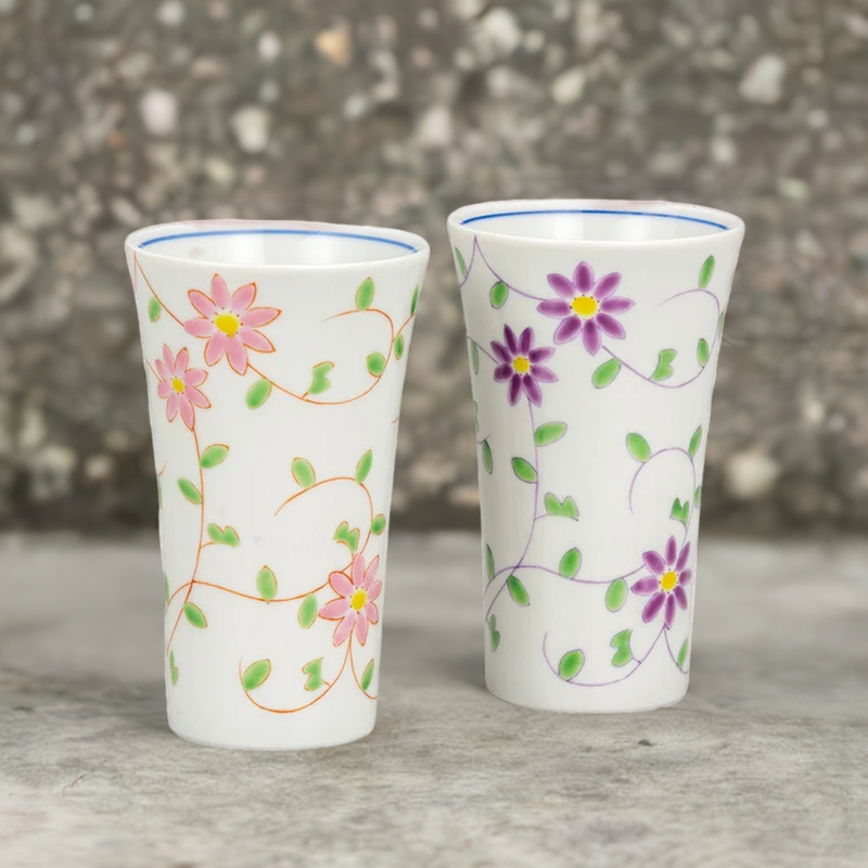 KUTANI WARE PAIR OF FREE CUPS  FLOWER ARABESQUE PATTERN