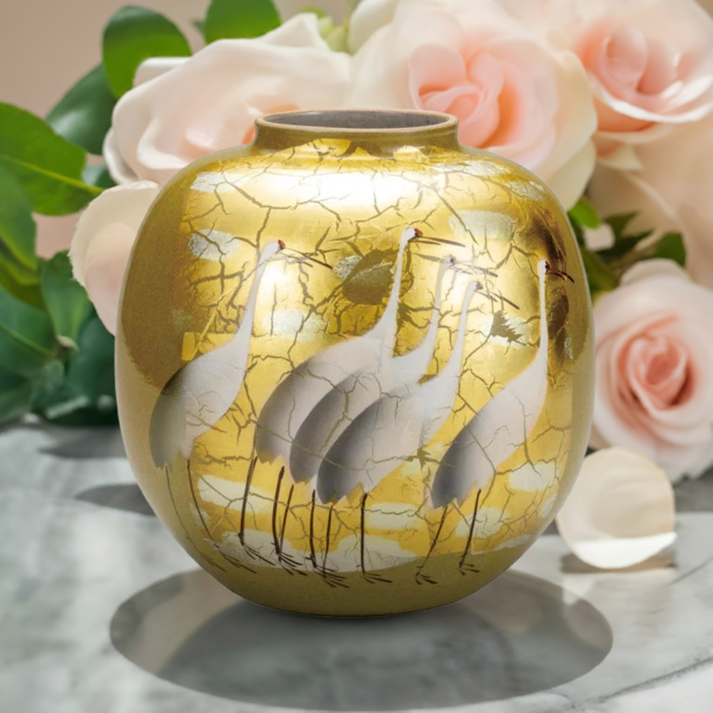 Trditional Drawing KUTANI FLOWER VASE | GOLD LEAF CRANE/ TOYOSHI YAMADA|KUTANI VASE|kutani ...