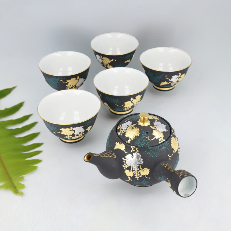 KUTANI WARE TEA UTENSILS SET SHIROKANEMORI GRAPEVINE TRELLIS AOCHIBU/  KINGYOKU NAKADA