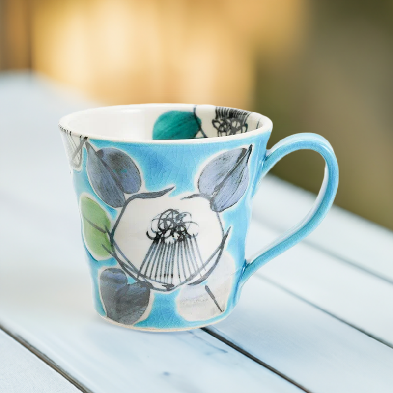 KUTANI WARE MUG CUP KOZOME TUBAKI BLUE /KOKUZOU KLIN