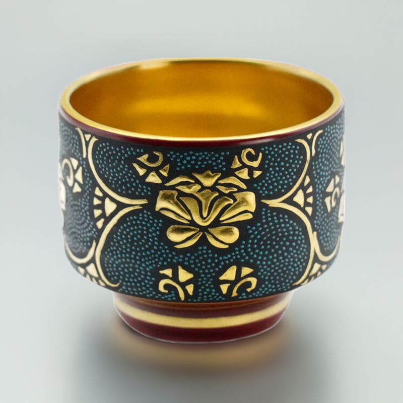 KUTANI WARE SAKE CUP WHIRLPOOL BLUE GRAIN MORIKIN PEONY ARABESQUE /KINGYOKU NAKADA