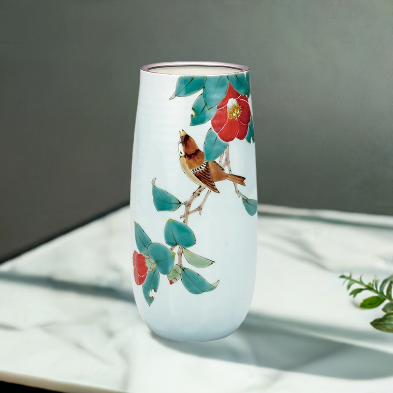 KUTANI JAPANESE FLOWER VASE CAMELLIA AND SPARROW/ RYUZAN YAMADA