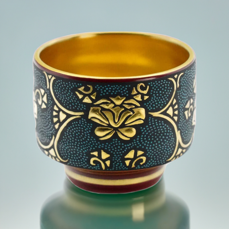 KUTANI WARE SAKE CUP WHIRLPOOL BLUE GRAIN MORIKIN PEONY ARABESQUE /KINGYOKU NAKADA