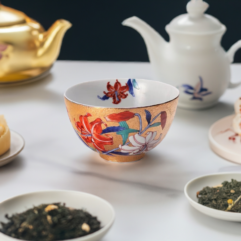 JAPANESE ARITA KINSAI TIGER LILY MATCHA BOWL (WITH WOODEN BOX) / KINRYU KLIN