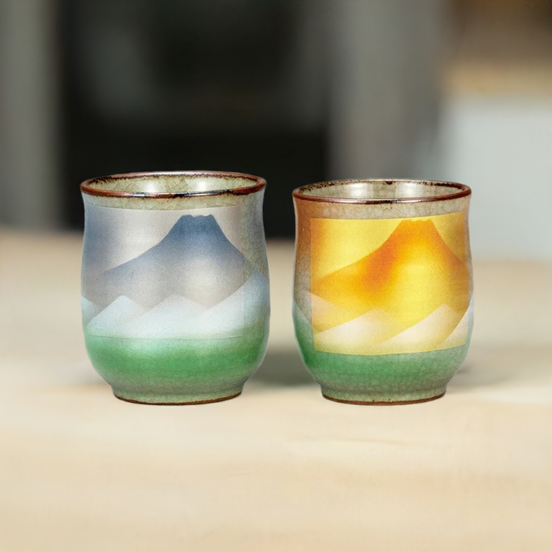 KUTANI WARE YUNOMI SET TEACUP FUJISAN