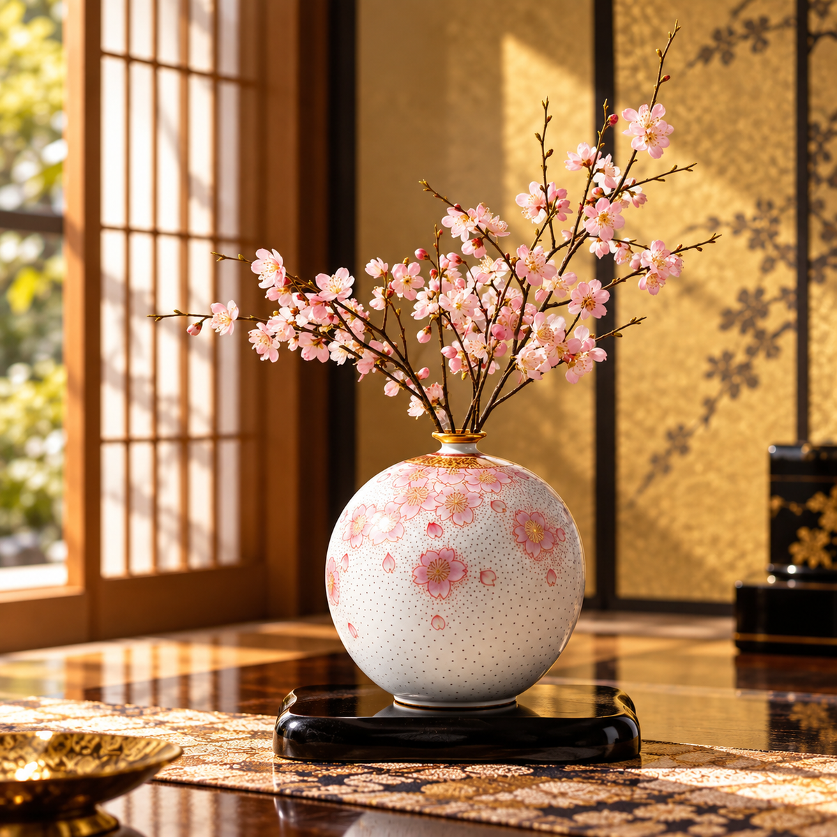 KUTANI WARE VASE “KINRANDE SAKURA” WITH STAND / YOSHINORI FUKUDA
