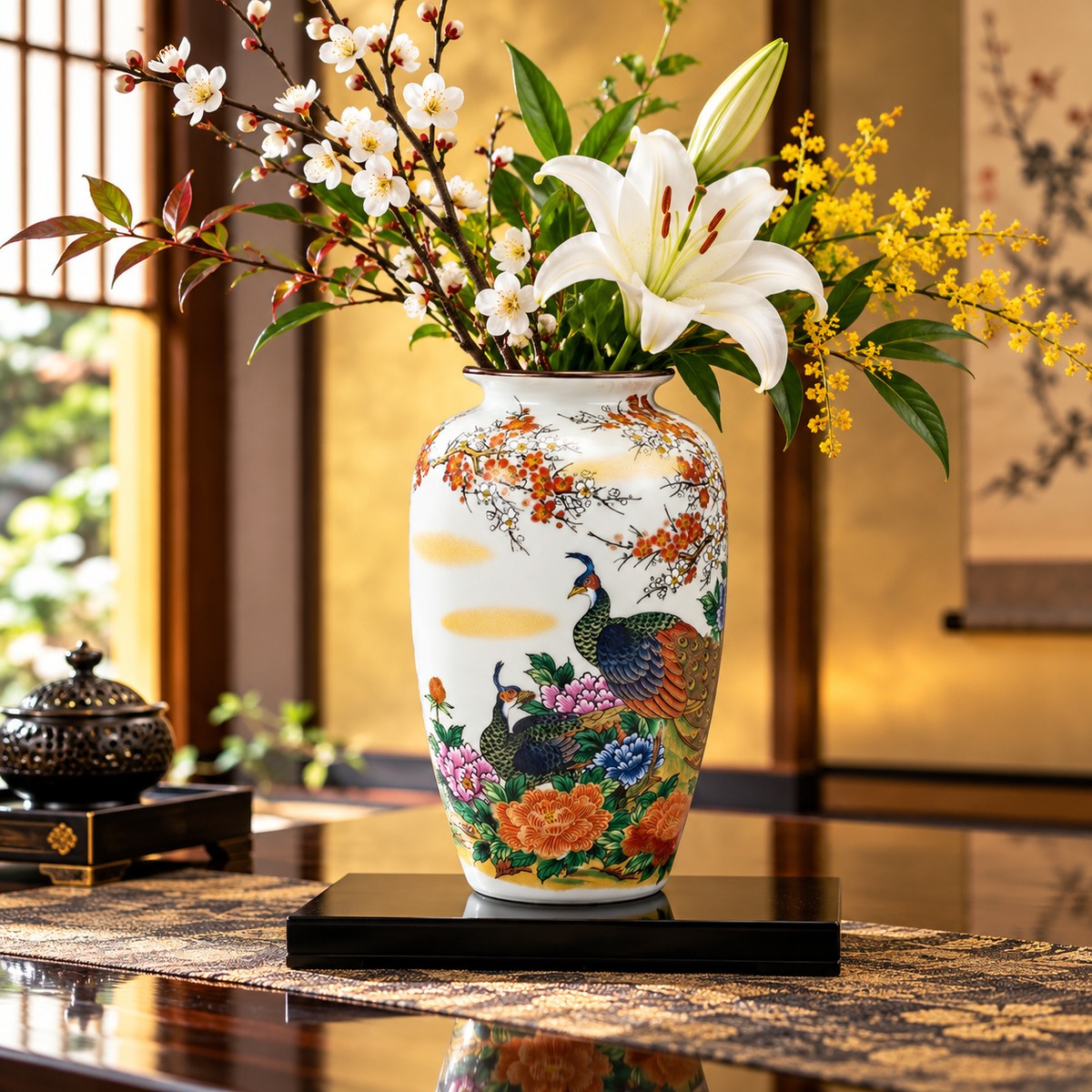 JAPANESE KUTANI FLOWER VASE PEONY AND PEACOCK