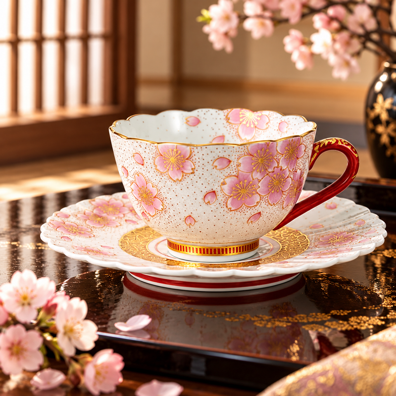 KUTANI WARE CUP & SAUCER - KINRAN SAKURA / YOSHINORI FUKUDA