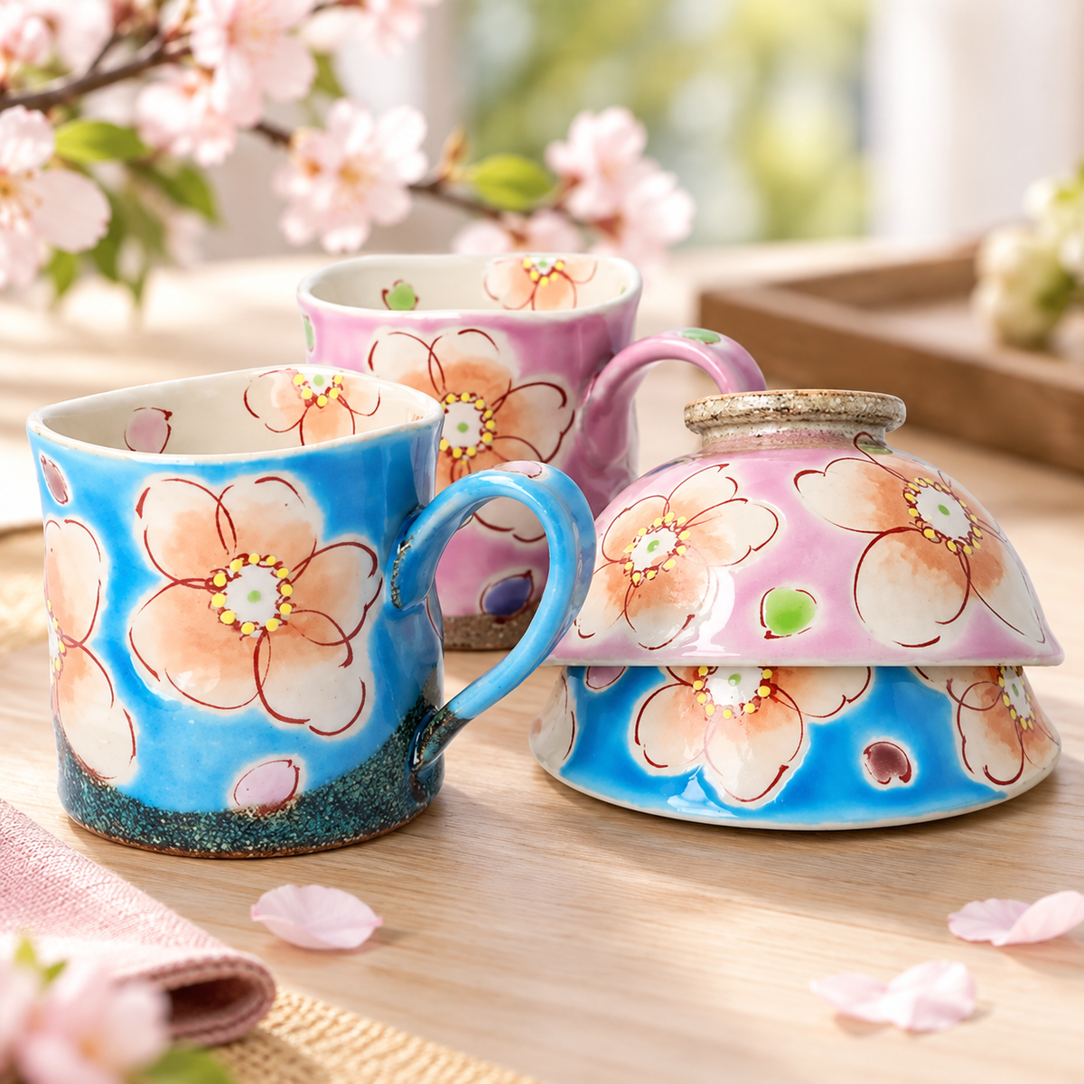 KUTANI WARE RICE BOWL & MUG PAIR SET (4-PIECE) – HANA URARA (TURQUOISE & PINK) KOKUZOU KILN