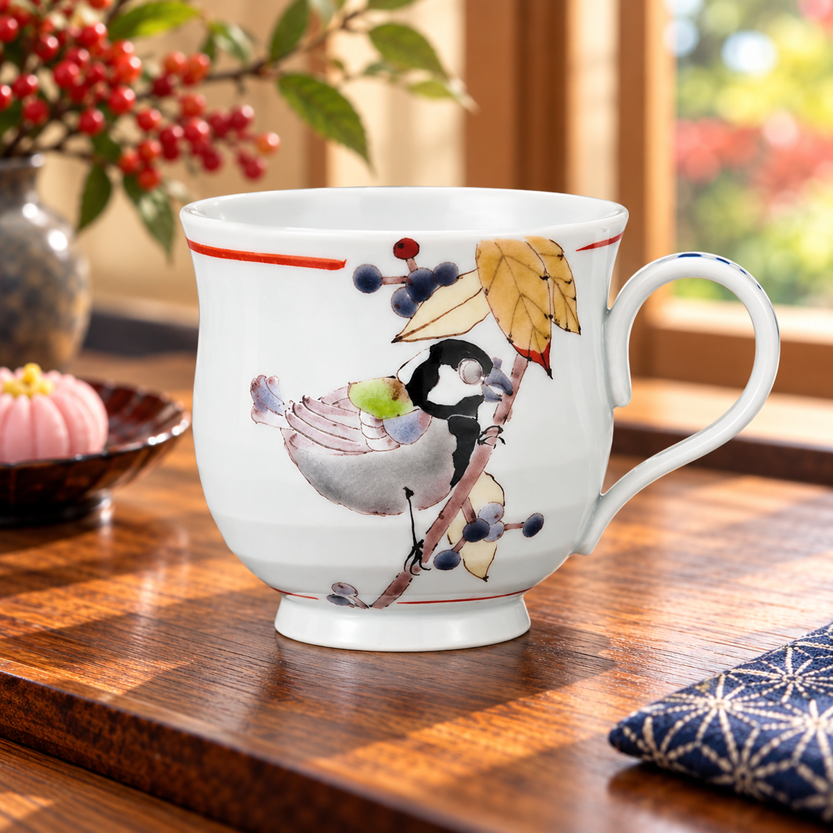 KUTANI WARE MUG CUP MURASAKI SHIKIBU AND JAPANESE TIT/ TAISHI KILN