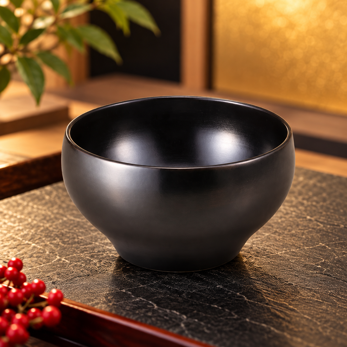 YAMANAKA LACQUERWARE SAKURA ROUND BOWL BLACK(L SIZE)