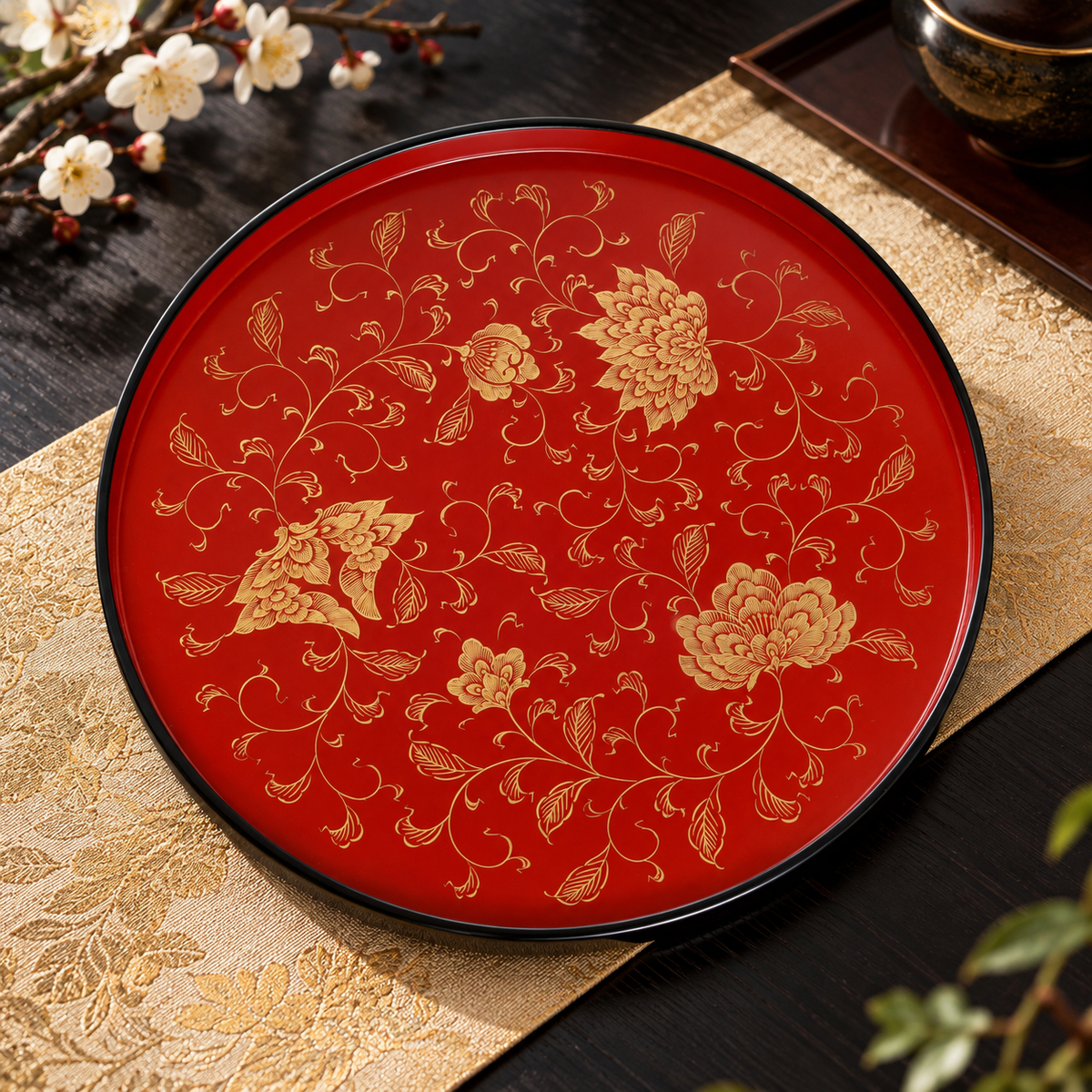 WAJIMA LACQUERWARE JAPANESE ROUND SERVING TRAY “KARAKUSA CHINKIN”