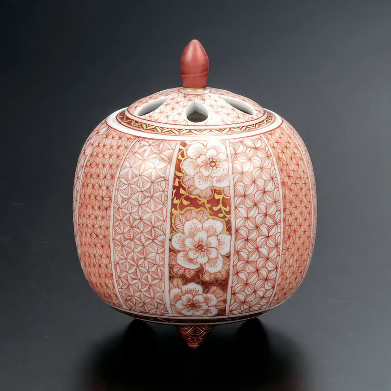 KUTANI JAPANESE INCENSE BURNER DELICATE AKAE FLORAL PATTERN / REIKO FUKUSHIMA