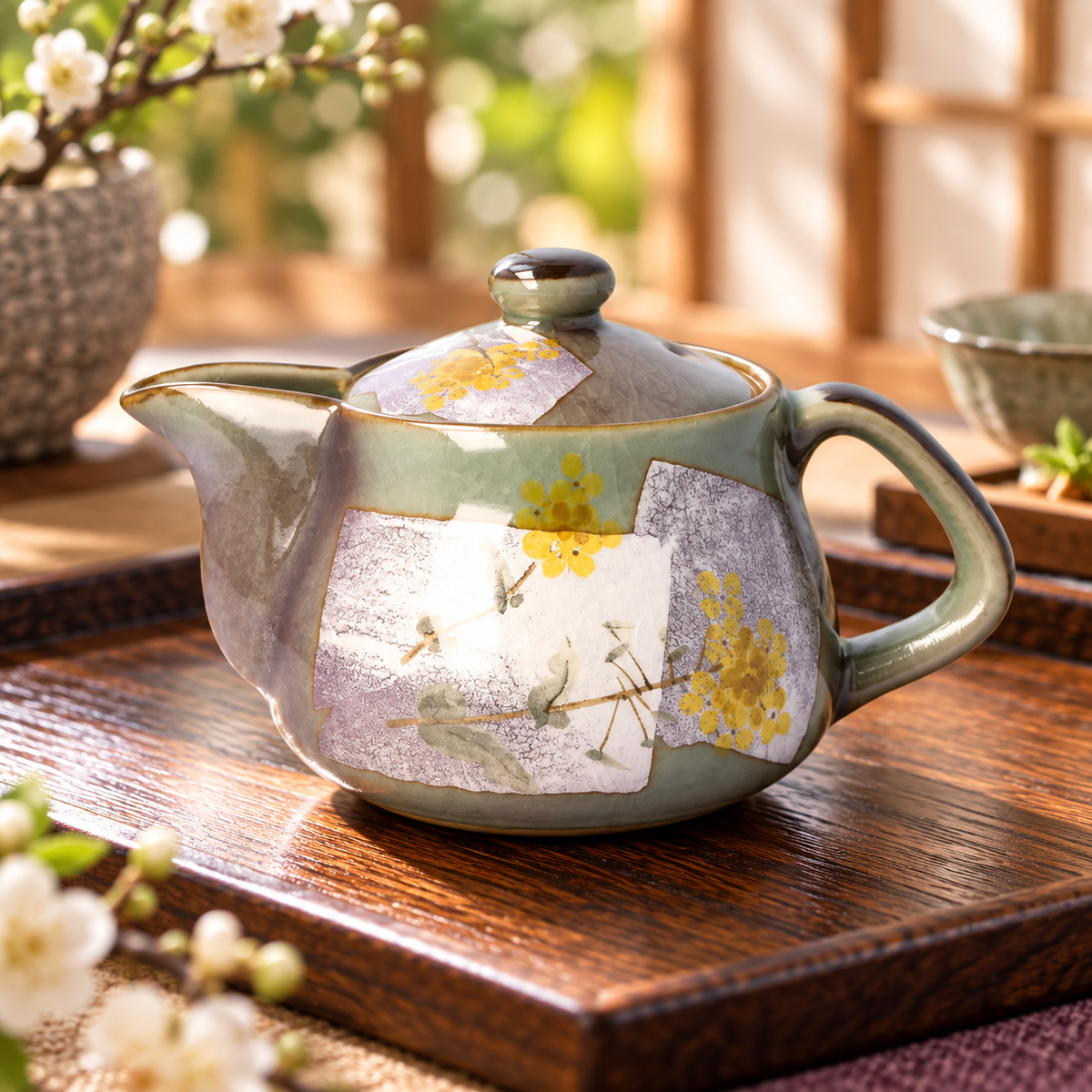 KUTANI WARE TEA POT SILVER LUSTER PURPLE – RAPESEED FLOWERS / BIZAN KILN