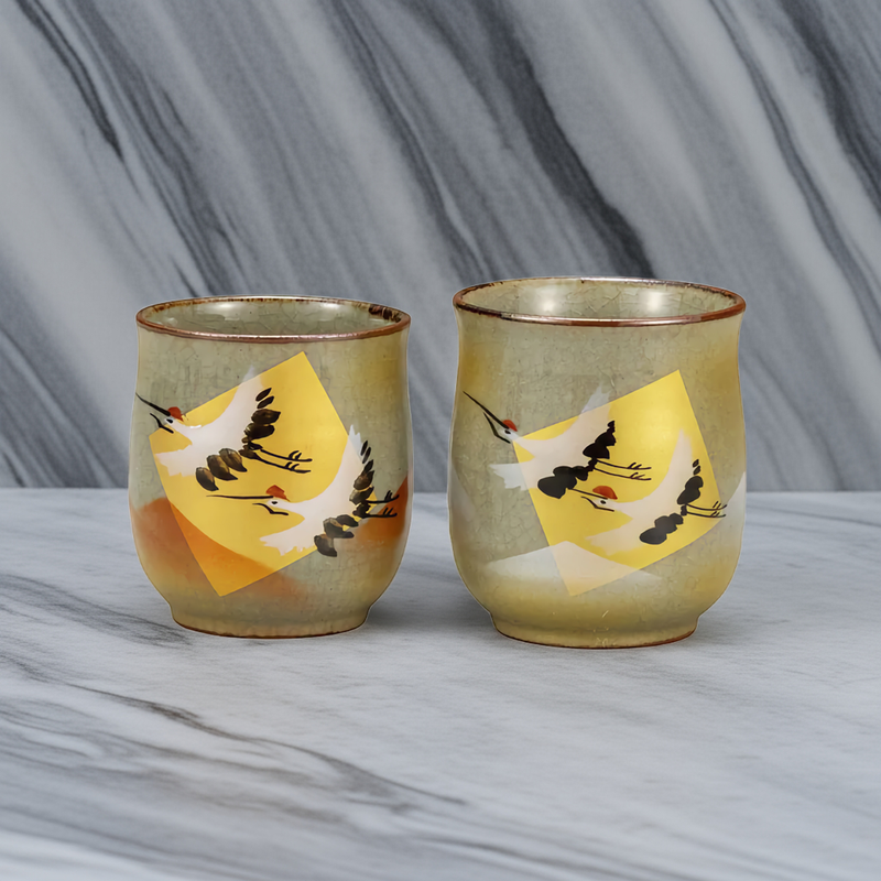 KUTANI JAPANESE YUNOMI SET GOLD LEAF CRANE