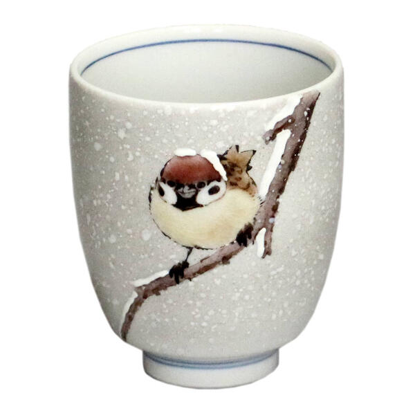 KUTANI WARE YUNOMI “SNOW SPARROW” BY TOSHITO NAKAMURA – JAPANESE PORCELAIN TEACUP