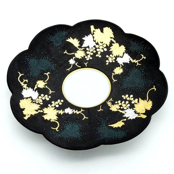 KINGYOKU NAKADA KUTANI JAPANESE COFFEE CUP & SAUCER PLATINUM DECORATION – GRAPE DESIGN WITH BLUE BEADS