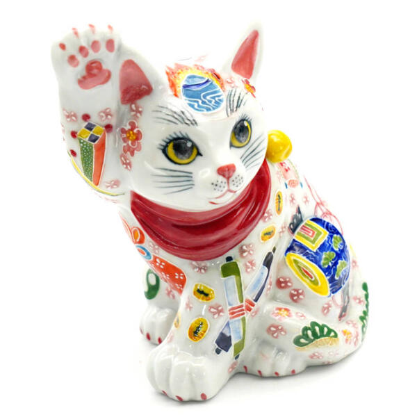 JAPANESE KUTANI WARE MANEKI NEKO LUCKY CAT – RIGHT PAW RAISED FOR WEALTH, SITTING POSE BY KUNIKO SHIMONO