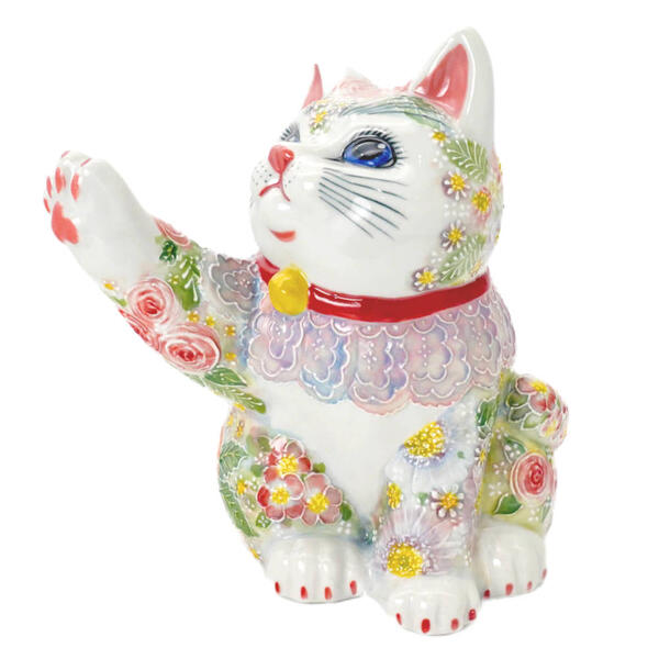 JAPANESE KUTANI WARE MANEKI NEKO LUCKY CAT – RIGHT PAW RAISED FOR WEALTH, HAND-PAINTED ITCHIN FLORAL DESIGN WITH PINK APRON BY KUNIKO SHIMONO