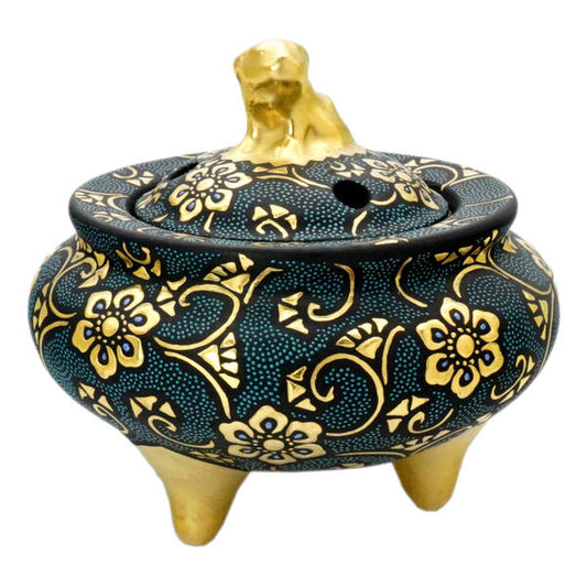KUTANI WARE SHISHI-TOP INCENSE BURNER – HAND-PAINTED AOCHIBU DOTS WITH RAISED GOLD HŌSŌGE & KARAKUSA MOTIFS | TRADITIONAL JAPANESE KORO