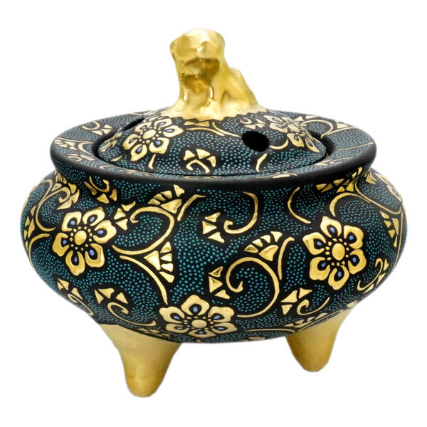KUTANI WARE SHISHI-TOP INCENSE BURNER – HAND-PAINTED AOCHIBU DOTS WITH RAISED GOLD HŌSŌGE & KARAKUSA MOTIFS | TRADITIONAL JAPANESE KORO