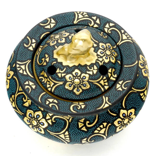 KUTANI WARE SHISHI-TOP INCENSE BURNER – HAND-PAINTED AOCHIBU DOTS WITH RAISED GOLD HŌSŌGE & KARAKUSA MOTIFS | TRADITIONAL JAPANESE KORO