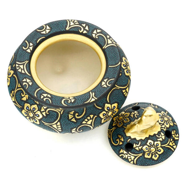 KUTANI WARE SHISHI-TOP INCENSE BURNER – HAND-PAINTED AOCHIBU DOTS WITH RAISED GOLD HŌSŌGE & KARAKUSA MOTIFS | TRADITIONAL JAPANESE KORO