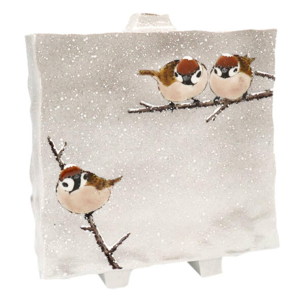 KUTANI WARE FLAT SQUARE VASE – “THREE SPARROWS IN SNOW” BY TOSHITO NAKAMURA