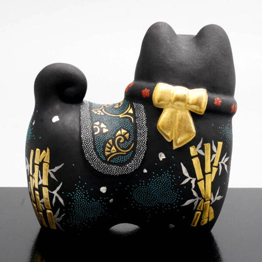 KUTANI WARE HARIKO DOG – PLATINUM MORI WITH PINE, BAMBOO & PLUM, AOCHIUBU DECORATION BY KINGYOKU NAKATA