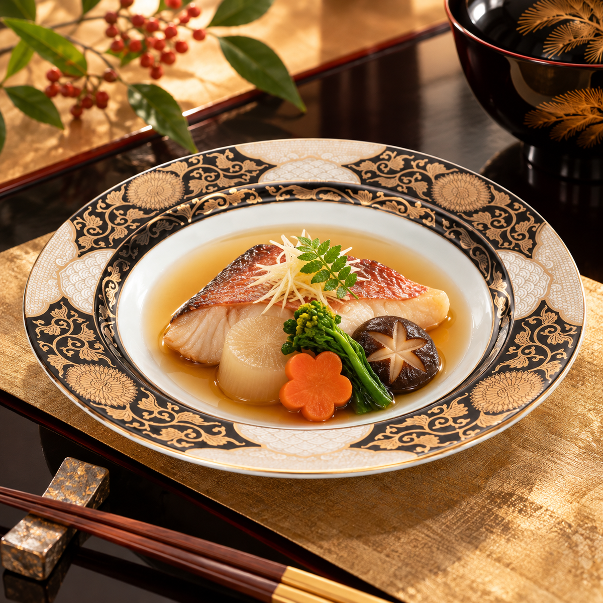 ARITA WARE BLACK AND GOLD CHRYSANTHEMUM PATTERN DINNER PLATE