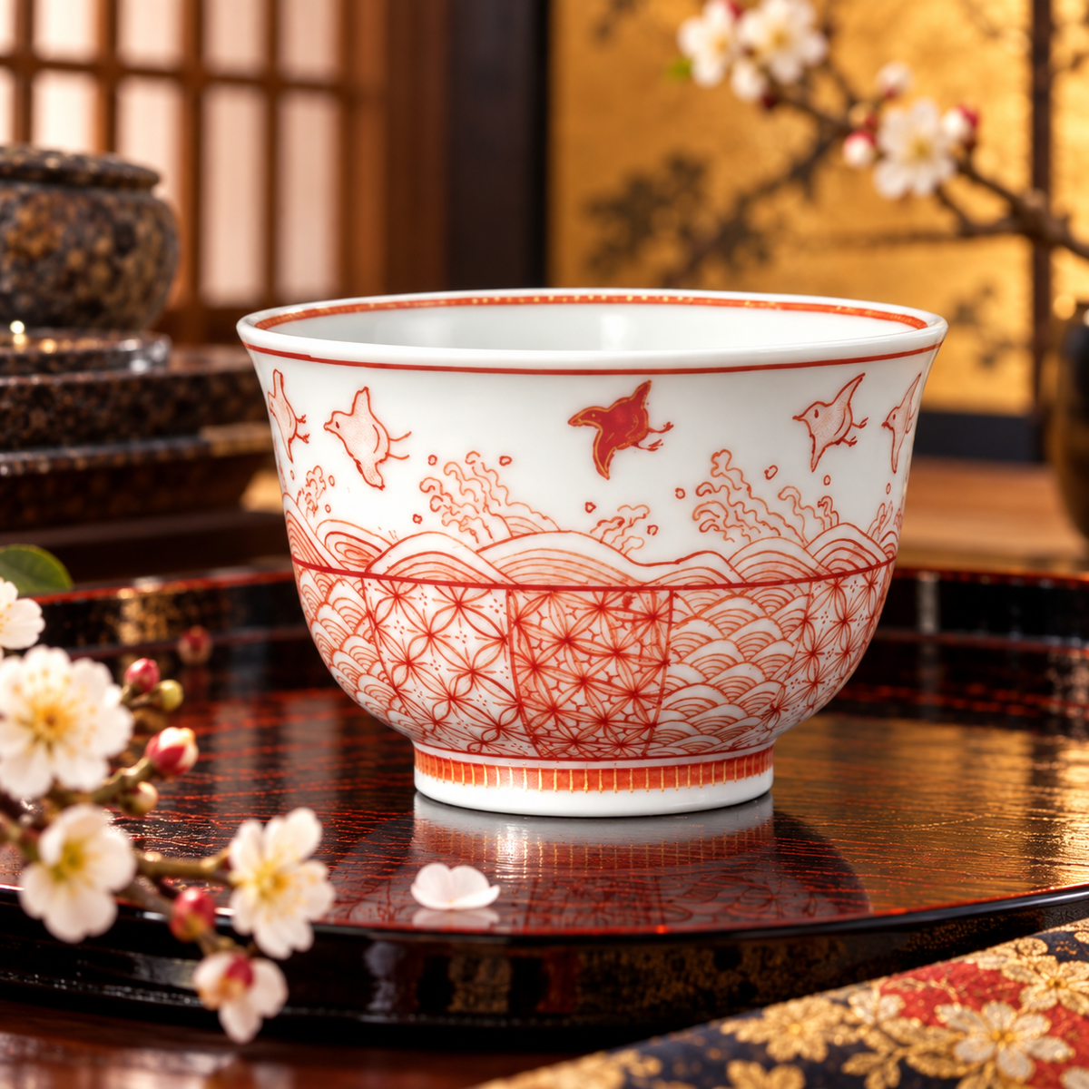 KUTANI WARE GUINOMI SAKE CUP “AKAE FINE LINE WAVE & CHIDORI MOTIF” / REIKO FUKUSHIMA