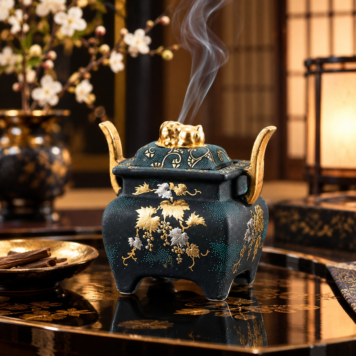 JAPANESE KUTANI WARE INCENSE BURNER (PLATINUM MORIE GRAPE MOTIF WITH AO-CHIBU BLUE DOT DECORATION) / KINGYOKU NAKADA