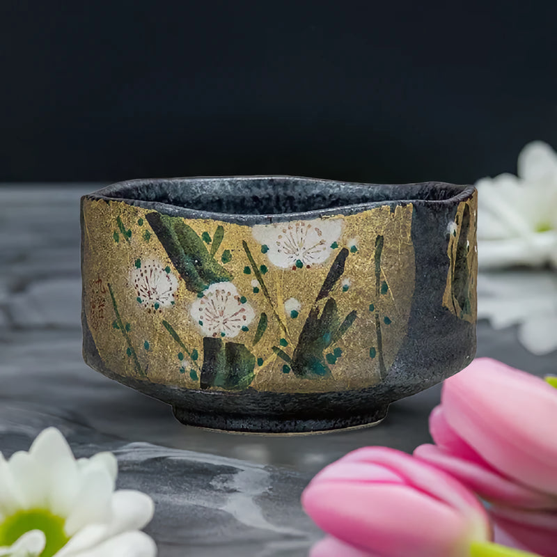 JAPANESE KUTANI MATCHA BOWL WITH GOLD LEAF PLUM DESIGN BY TOYOSHI YAMADA