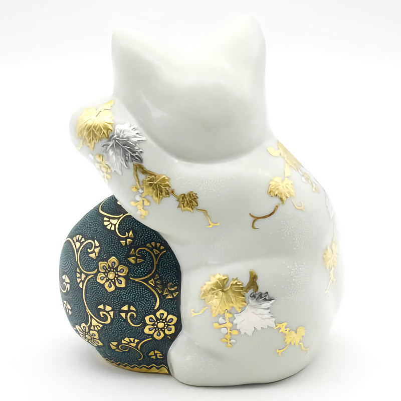 KUTANI DARUMA BECKONING CAT (LEFT HAND BECKONING CUSTOMERS) – SWIRL PATTERN WITH BLUE BEAD EMBELLISHMENT AND GILDED TREASURES ARABESQUE, WHITE AND PLATINUM GRAPE MOTIF WITH WHITE BEAD EMBELLISHMENT/KINGYOKU NAKADA