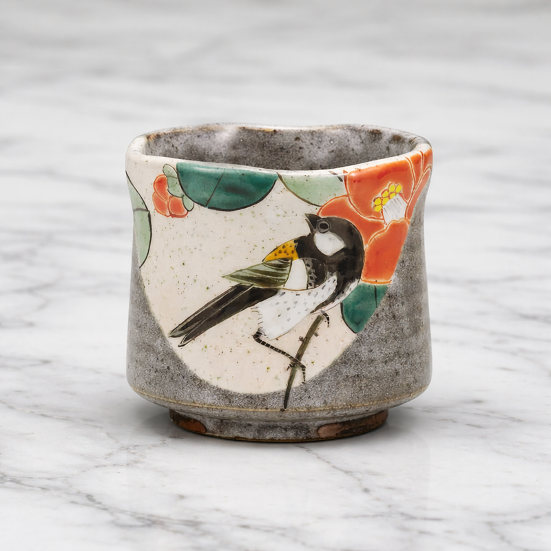 KUTANI WARE YUNOMI TEA CUP “CAMELLIA & JAPANESE TIT” BY YOSHINORI FUKUDA (GIFT BOX)