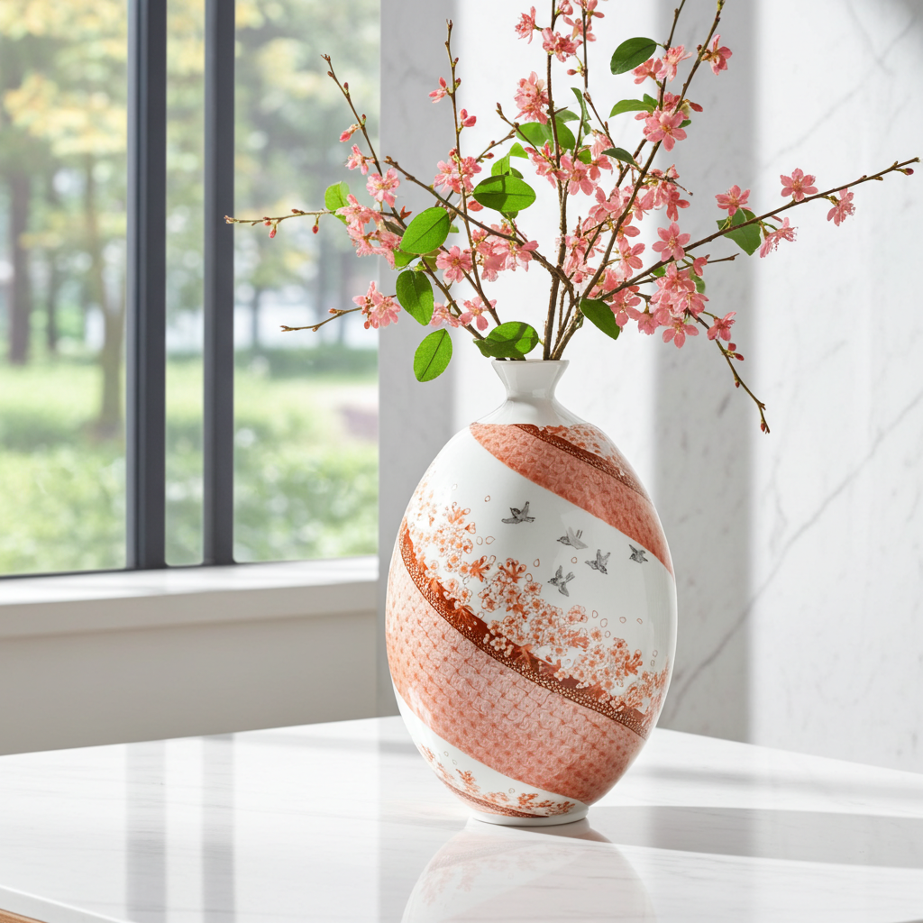 <LIMITED EDITION> KUTANI WARE 9.5-INCH FLOWER VASE – “SAKURA MAI” (DANCING CHERRY BLOSSOMS) BY BUZAN FUKUSHIMA